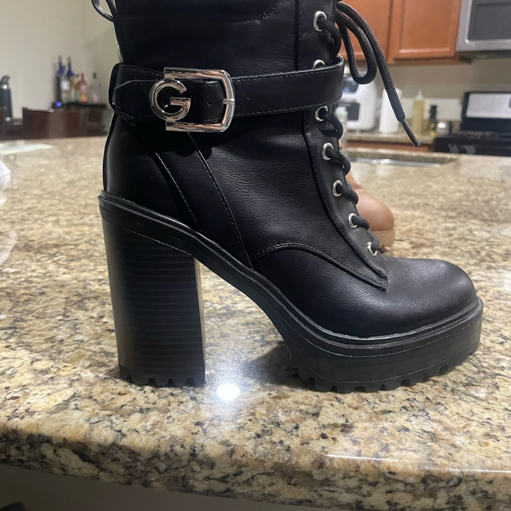 Guess Black Lace Up Chunky Heel Boots